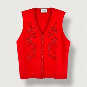 Vintage | M | Jessica | Beaded Knit Vest | Red | Cottagecore | Festive | Holiday